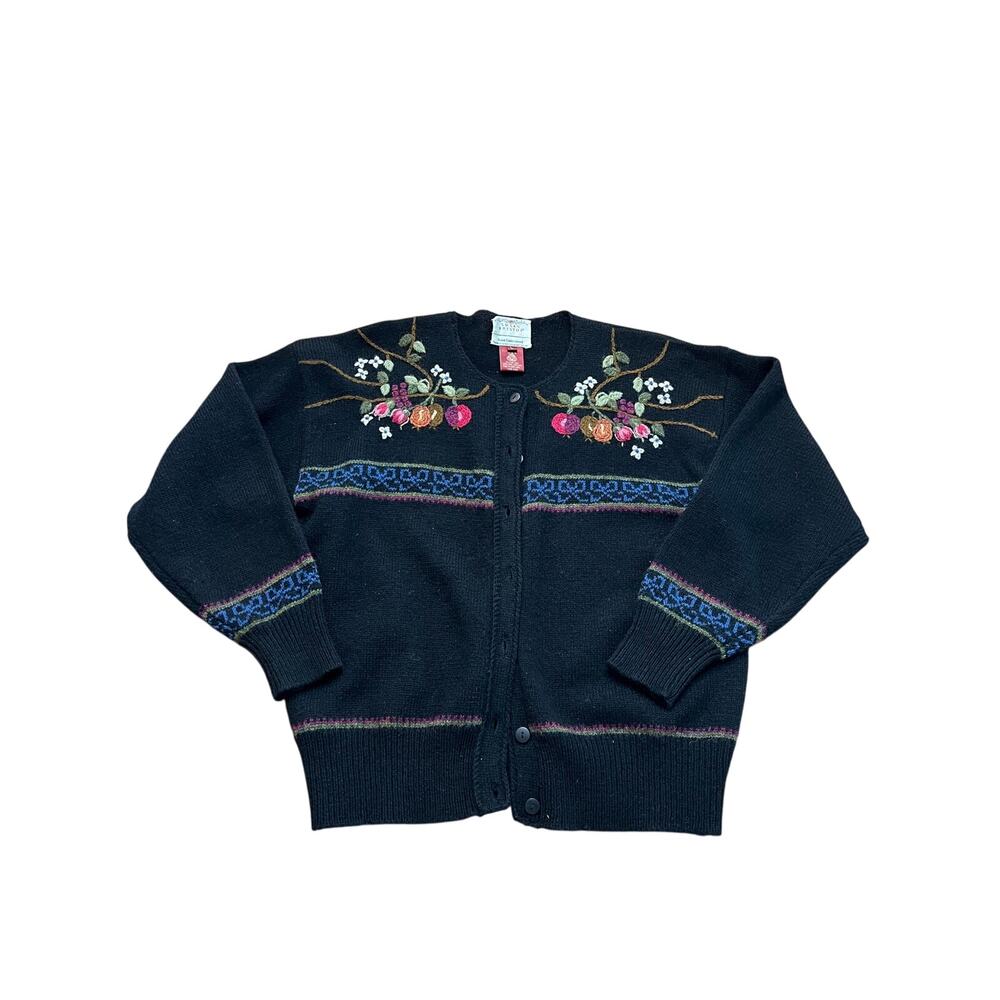 Vintage Susan Bristol Cardigan Sweater Floral Hand Embroidered Wool Black Large